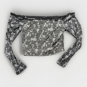 Black Lace Off Shoulder Crop Top Women L Y2K Goth Whimsygoth Fairycore Going Out